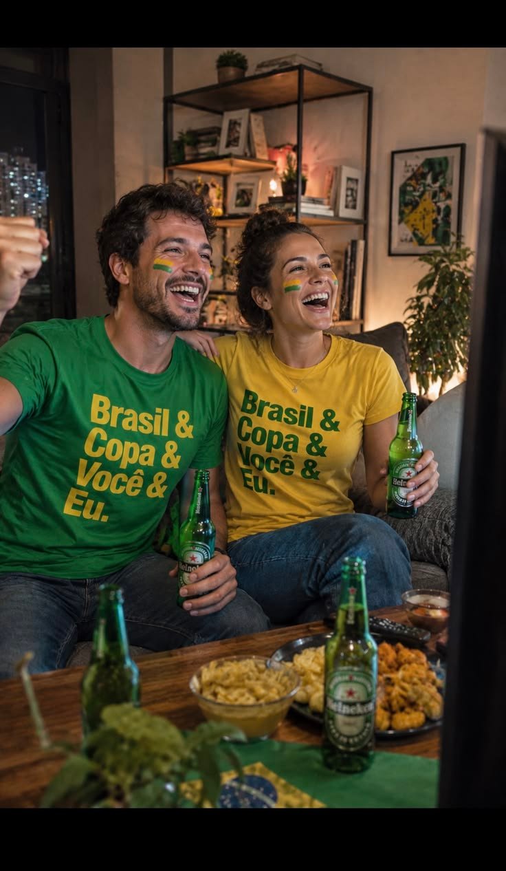 Casal em casa com camisetas temáticas da Copa do Mundo assistindo ao jogo
