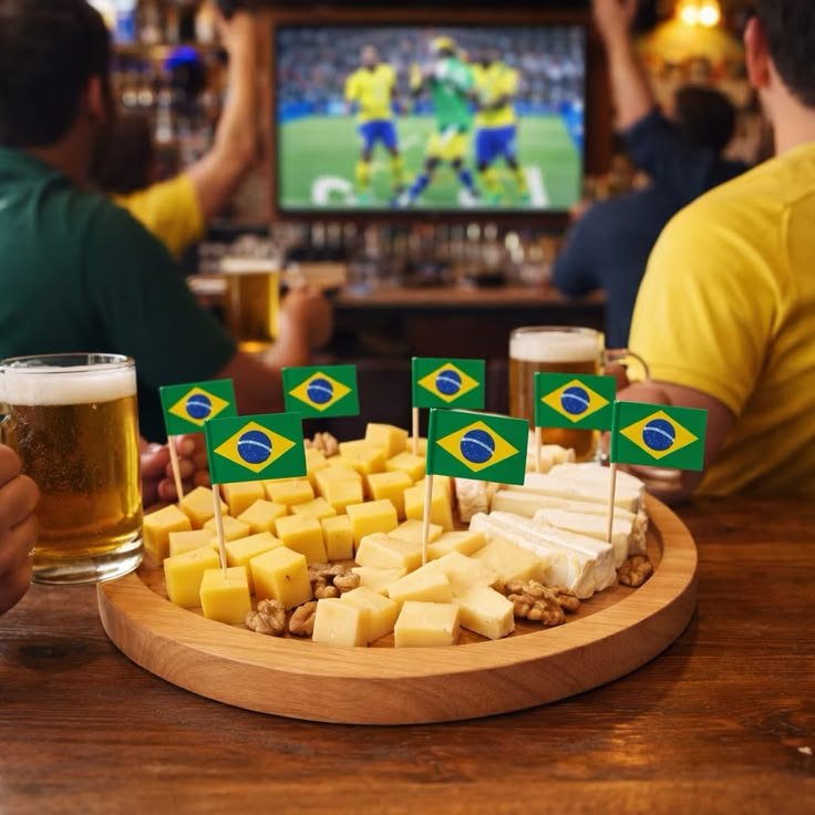 Tábua de petiscos e queijos decorada com bandeirinhas da Copa do Mundo