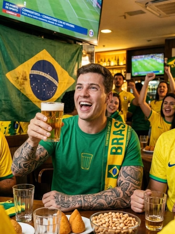 Torcedor vibrando com cerveja na mão assistindo à Copa do Mundo