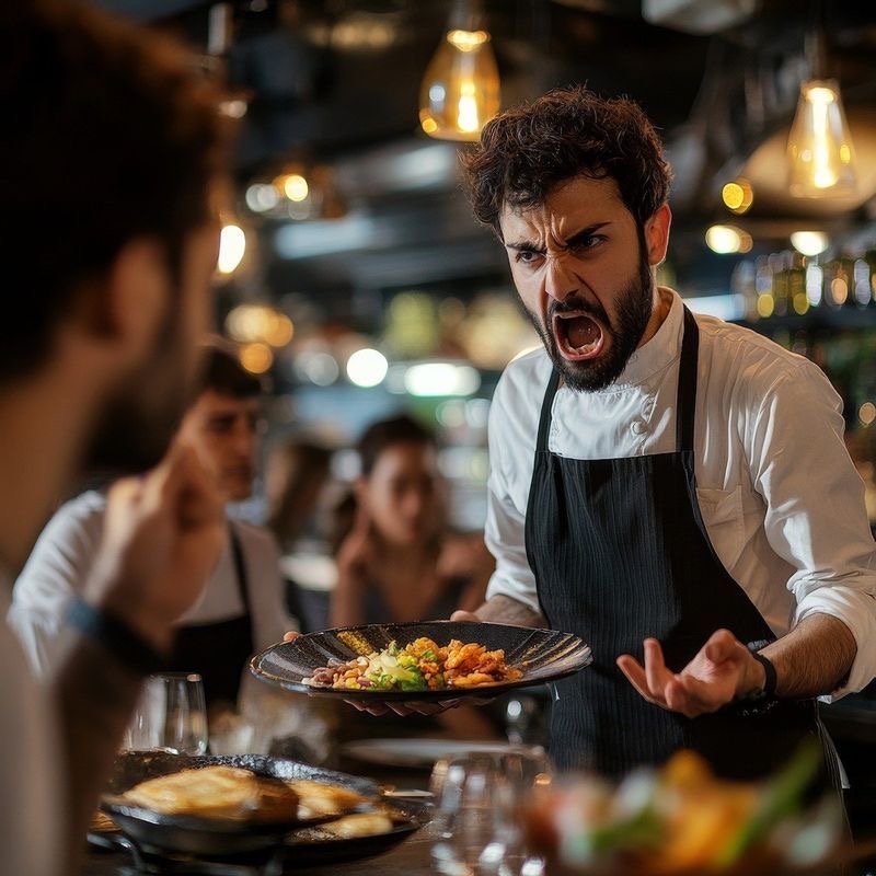 Chef gritando com funcionário enquanto segura prato, representando estresse na cozinha